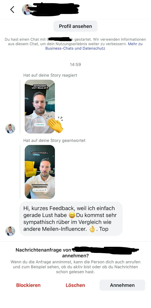 Community-Nachricht: sympathischer Auftritt im Vergleich zu anderen Meilen-Influencern